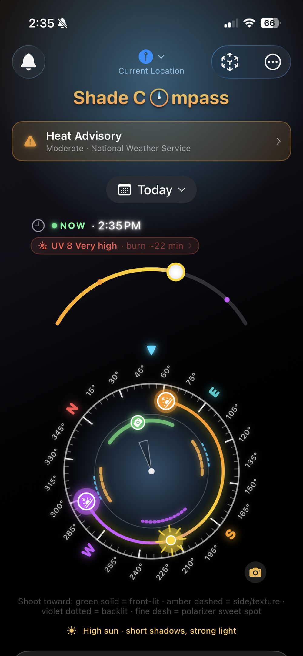 The live compass dial showing sun bearing, altitude and shadow direction
