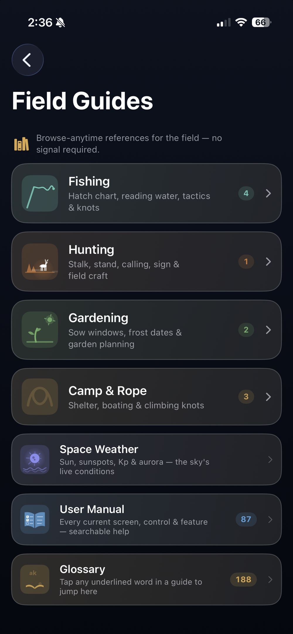 Field Guides list: fishing, hunting, gardening, camp and rope, space weather
