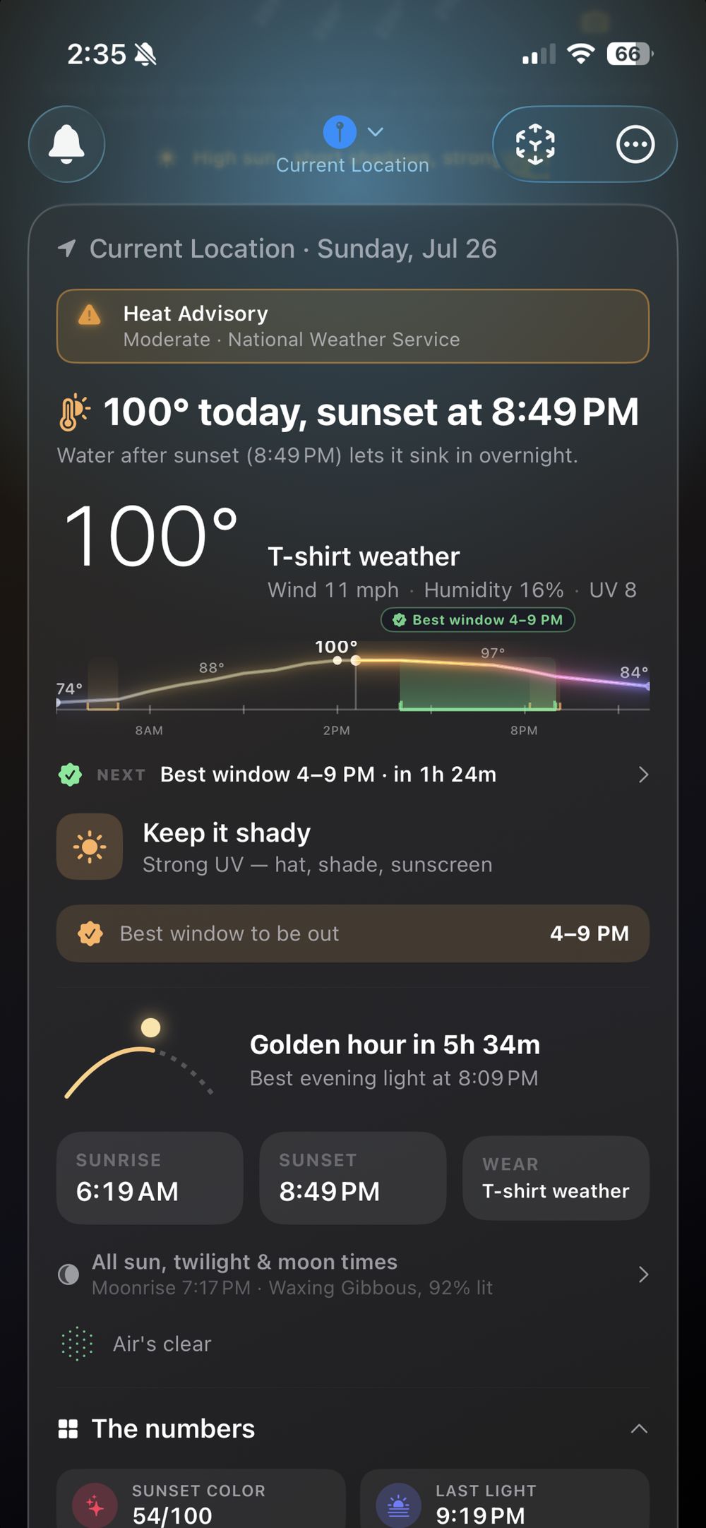 The day card: 100 degrees today, best window 4 to 9 PM, golden hour countdown
