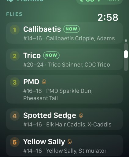 Apple Watch fly list: Callibaetis and Trico hatching now
