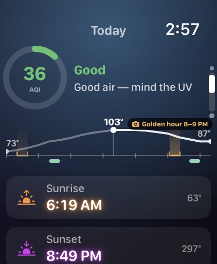 Apple Watch today view with AQI 36, the day's temperature curve and golden hour