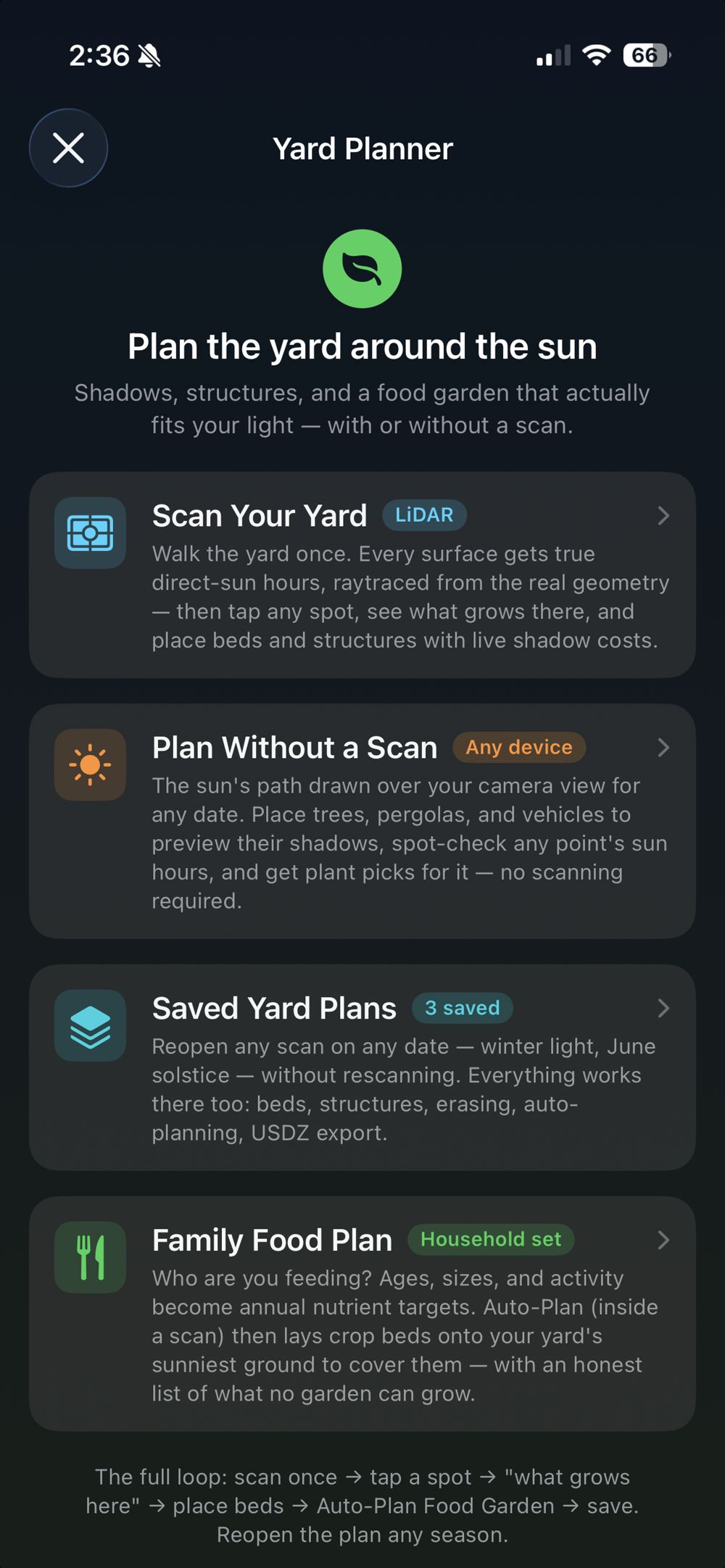 Yard Planner: scan your yard, plan without a scan, saved plans, family food plan